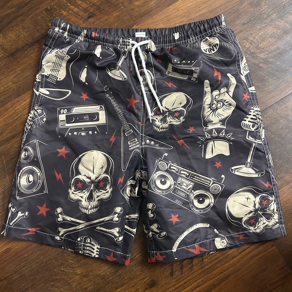 Boys Black Skull & Audio Print Swim Trunks